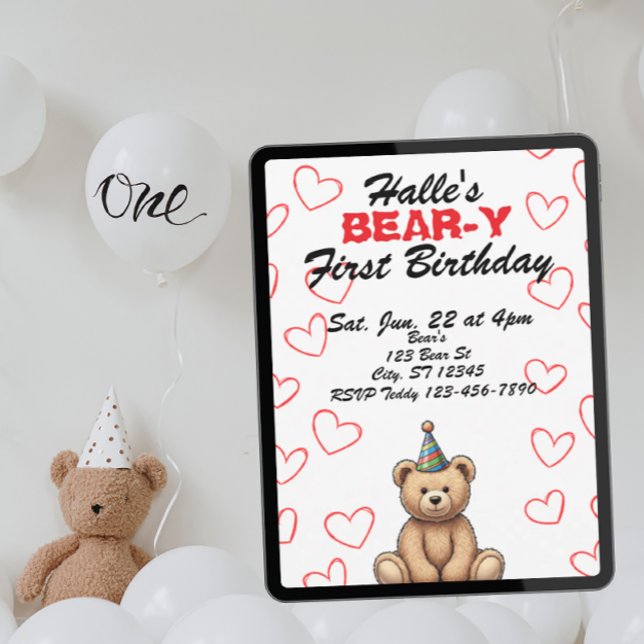 Convite BEAR-Y First Birthday, cute teddy bear birthday (Criador carregado)