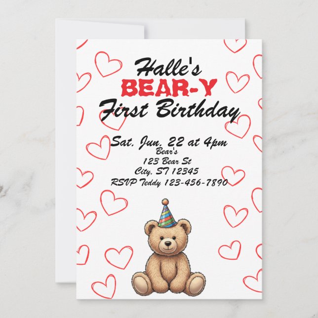 Convite BEAR-Y First Birthday, cute teddy bear birthday (Frente)