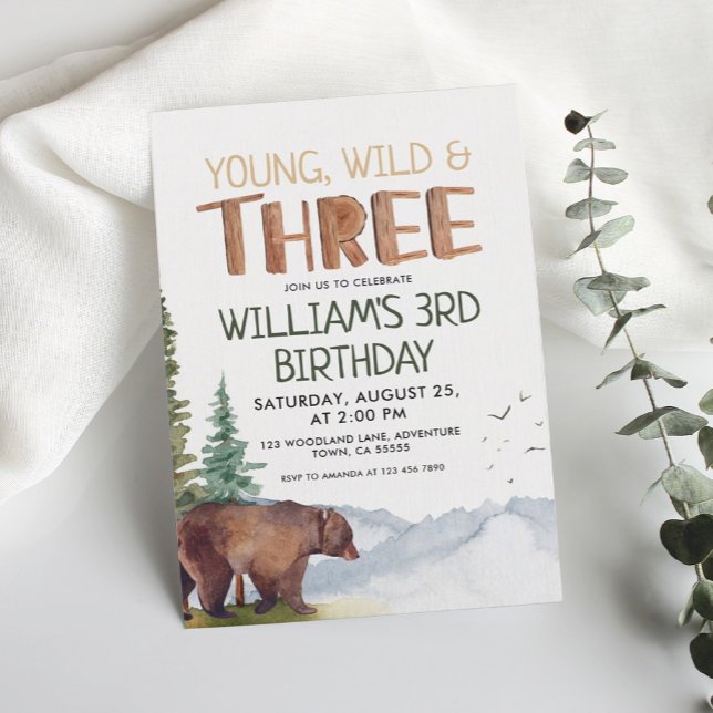 Convite Bear Young Wild e Três Meninos aniversário de 3 an (Criador carregado)