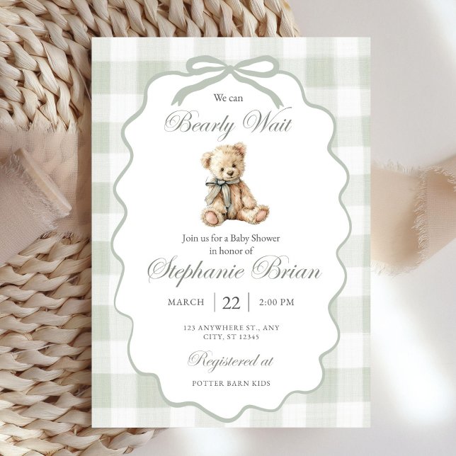 Convite Bearly Baby Shower Invite Download Sage Green Ging (Criador carregado)
