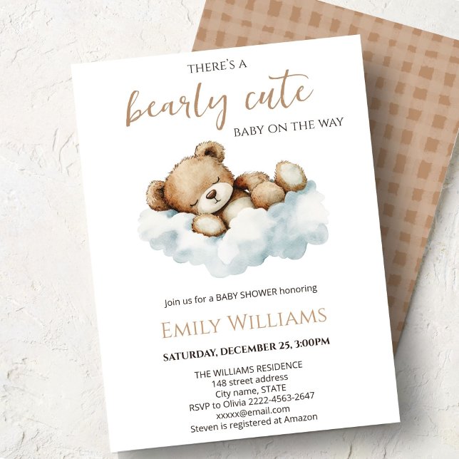 Convite Bearly Cute Baby Shower Invitation | Neutral Teddy (Cute bear watercolor baby shower invitation “Bearly cute baby on the way” )