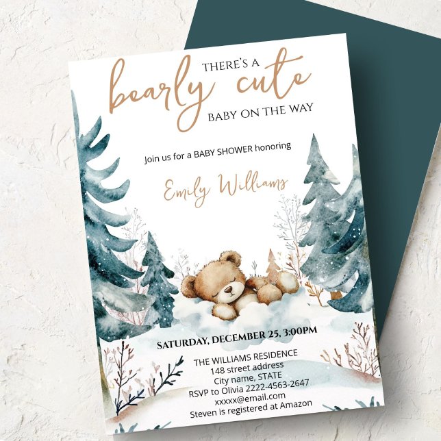 Convite Bearly Cute Baby Shower Invitation | Woodland Bear (Cute bear watercolor baby shower invitation “Bearly cute baby on the way” )