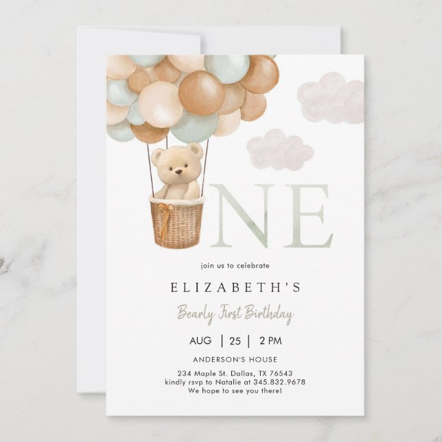 Convite Bearly First Teddy Bear 1st Birthday Invitation (Frente)
