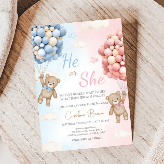 Convite Bearly Wait Bear Balloon Gender Reveal  (Bear Balloon He or She Gender Reveal Invitation)
