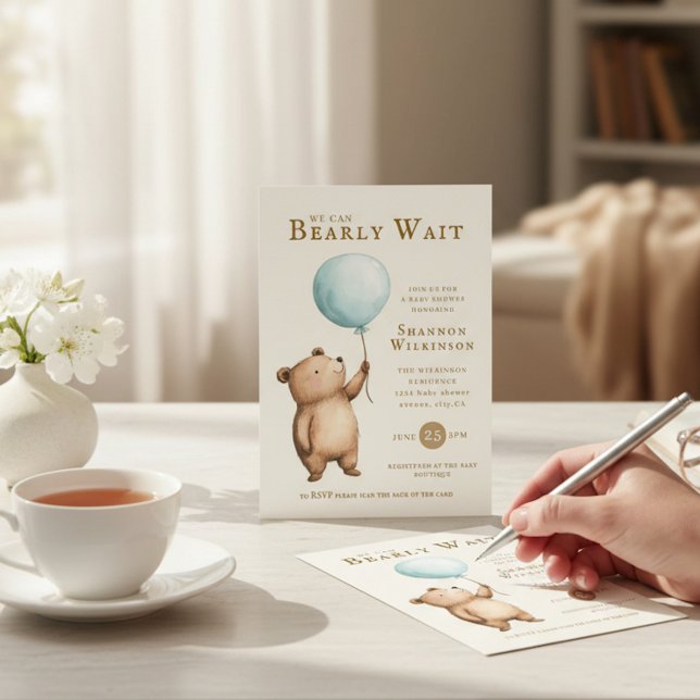 Convite Bearly Wait blue Balloon Baby Shower QR Code  (Criador carregado)