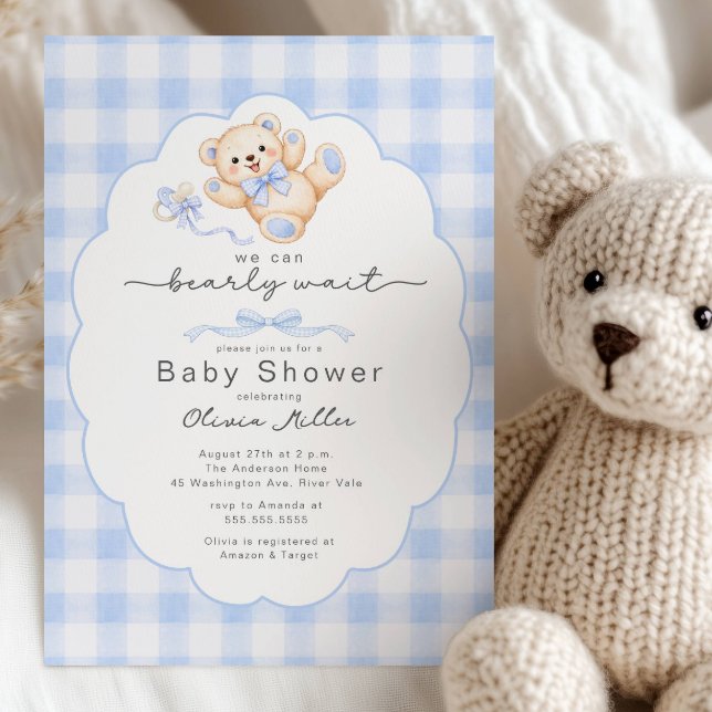 Convite Bearly Wait Blue Teddy Bear Baby Shower Invite (Criador carregado)