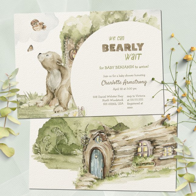 Convite Bearly Wait Floresta Sage Verde Chás de Bebê (Hand-Painted Watercolor Bear Cub Baby Shower Invitation ©Susanne Sachers - Sunny Mind 🌞)