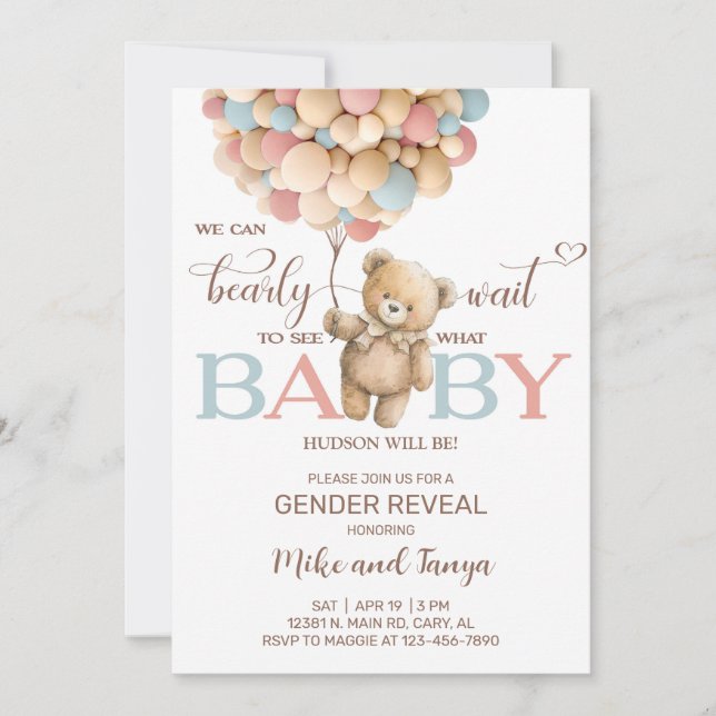 Convite Bearly wait gender reveal invite, bear balloons. (Frente)