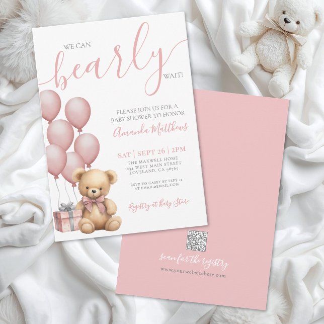 Convite Bearly Wait Girl Urso Rosa Chá de Bebê (Bearly Wait Girl Pink Bear Baby Shower Invitation)