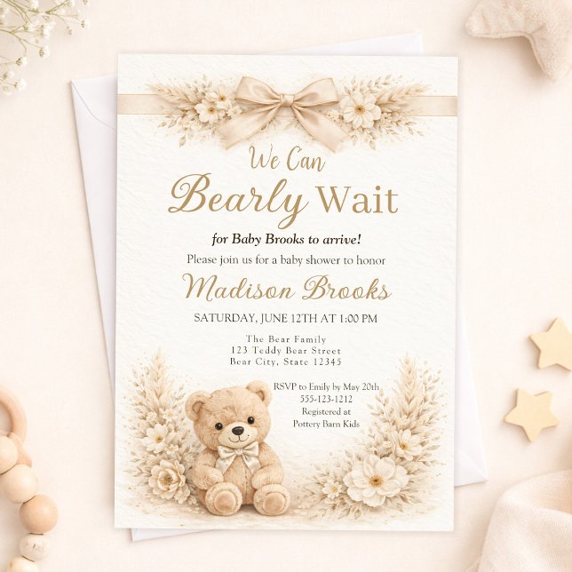 Convite Bearly Wait Neutral Teddy Bear Baby Shower Boho (Criador carregado)