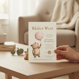 Convite Bearly Wait Pink Balloon Baby Shower QR Code 