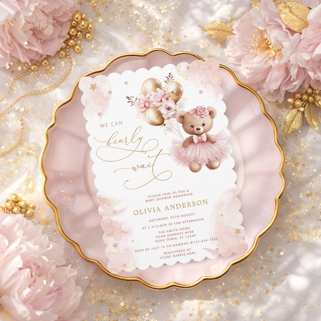 Convite Bearly Wait Pink Teddy Bear Girl Baby Shower (Criador carregado)
