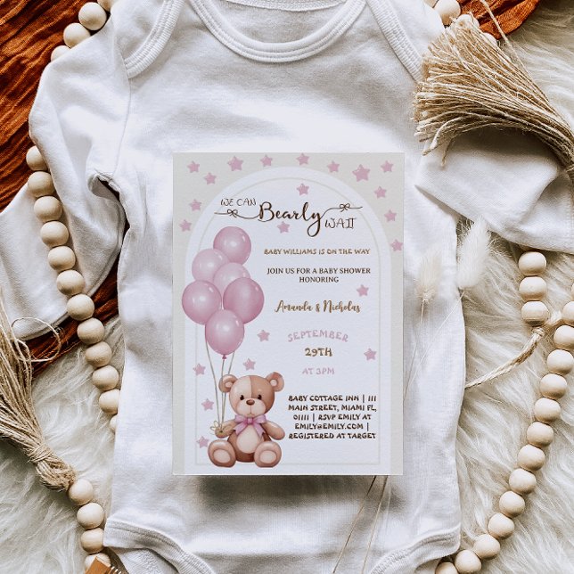 Convite Bearly Wait Rosa Balões Rústicos Festa de Bebê Men (Criador carregado)