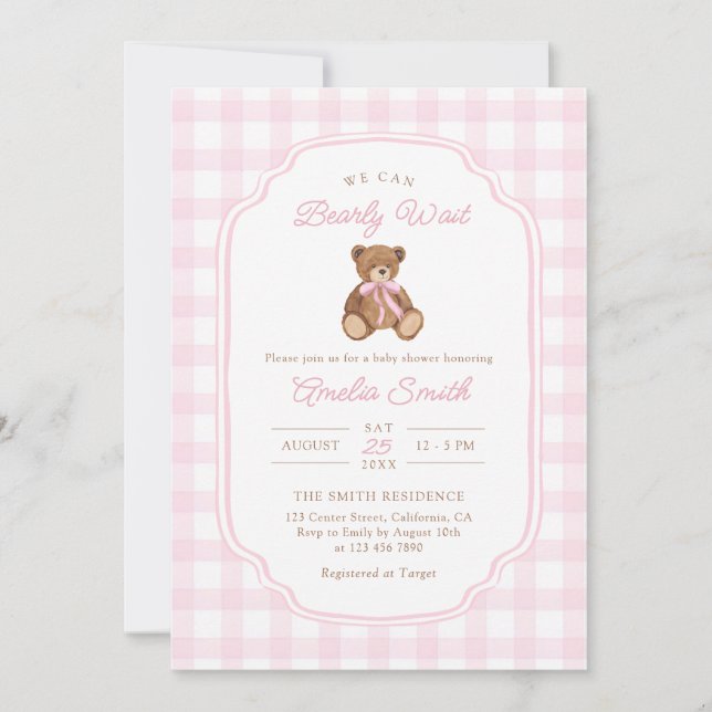 Convite Bearly Wait Teddy Bear Girl Baby Shower (Frente)
