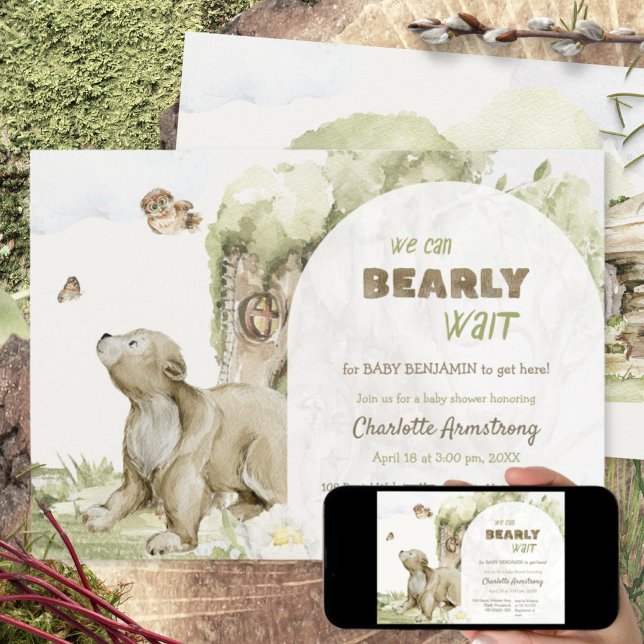 Convite Bearly Wait Woodland Bear Baby Shower (Bearly Wait Woodland Bear Baby Shower Invitation ©Susanne Sachers - Sunny Mind 🌞)