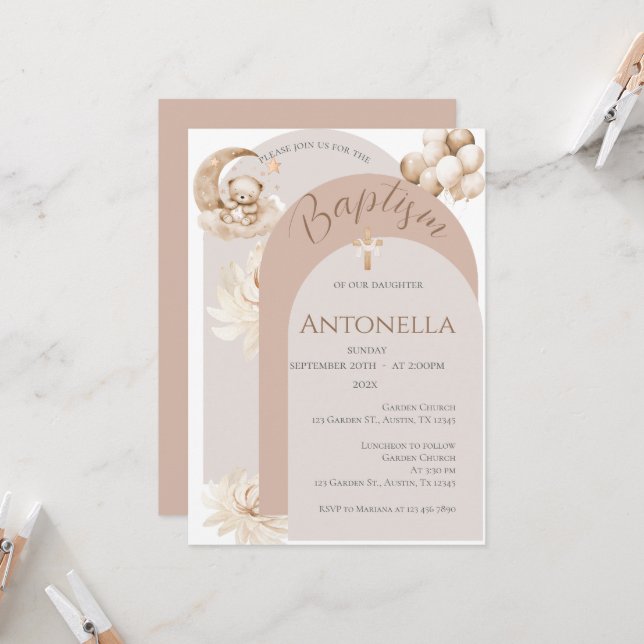 Convite Bears and Balloons Girl Baptism Invent (Frente/Verso In Situ)