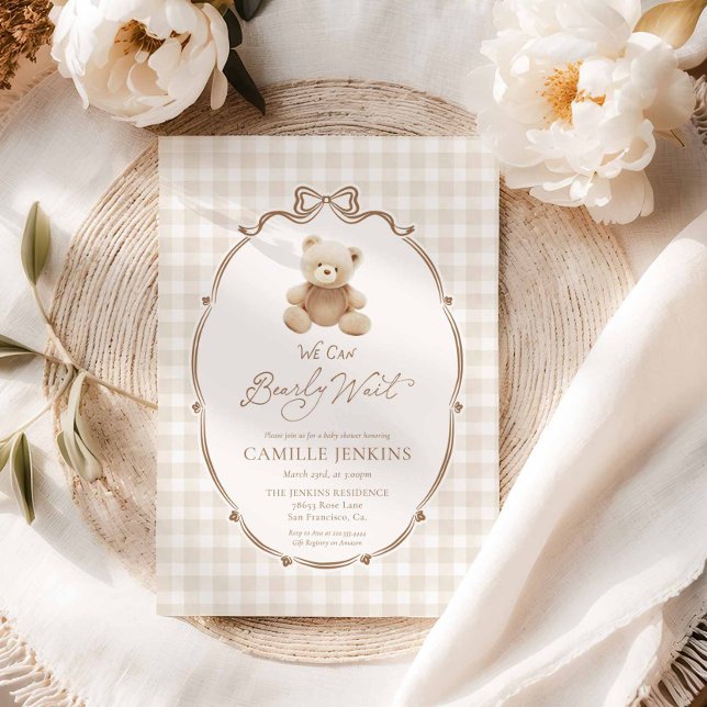 Convite Beart Wait Teddy Bear Gingham Chá de fraldas Convi (Bearly Wait Teddy Bear Baby Shower Invitation)