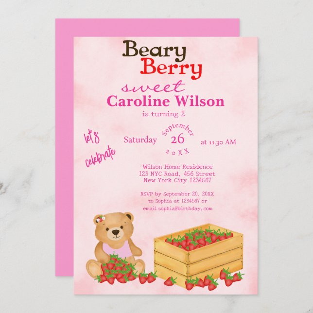 Convite Beary Berry Sweet Pink Cub's Strawberry Aniversári (Frente/Verso)