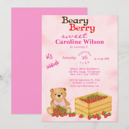 Convite Beary Berry Sweet Pink Cub's Strawberry Aniversári
