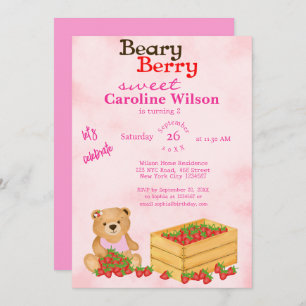 Convite Beary Berry Sweet Pink Cub's Strawberry Aniversári