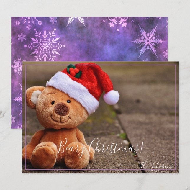 Convite Beary Christmas (Flocos de neve roxos) (Frente/Verso)