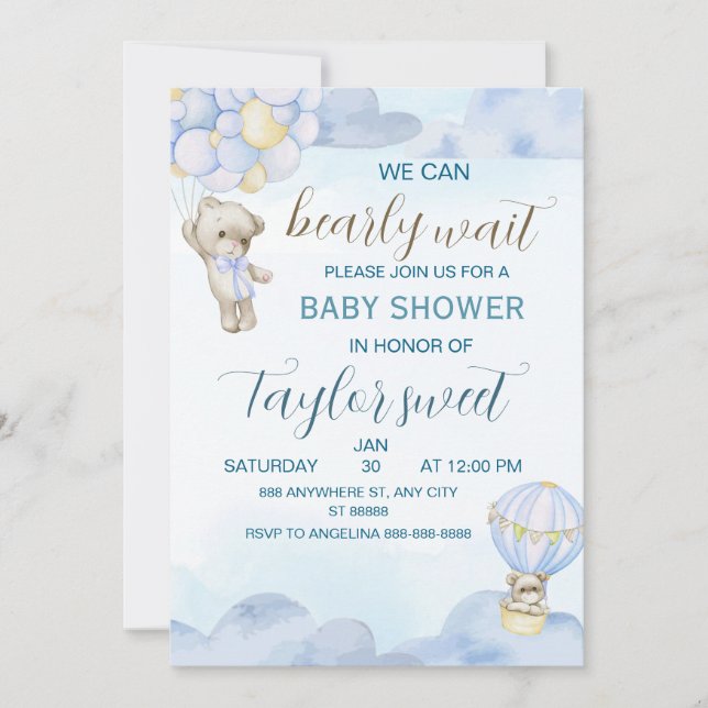 Convite Beary Cute Blue Teddy Bear Baby Shower Invitation (Frente)