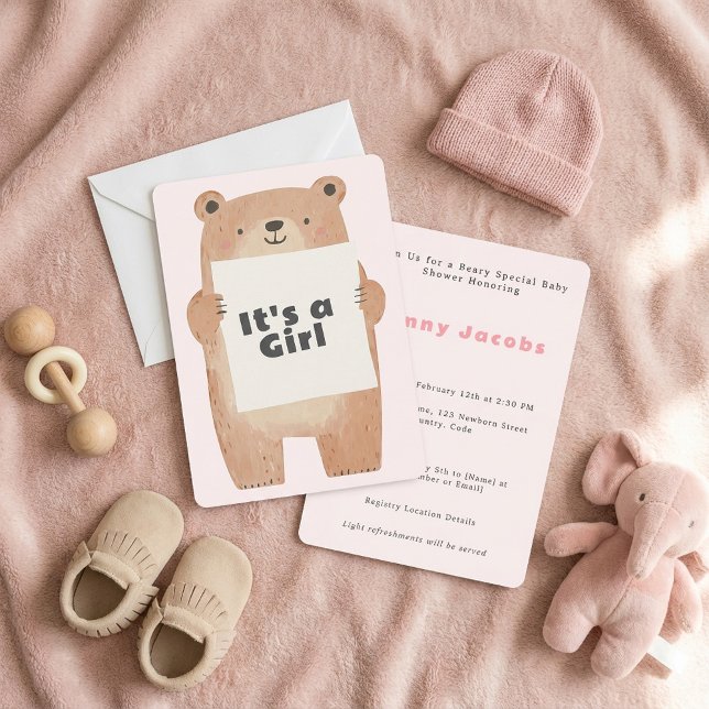 Convite Beary Cute É uma menina Chá de fraldas urso (Beary Cute It’s a girl Baby Shower bear Invitation)