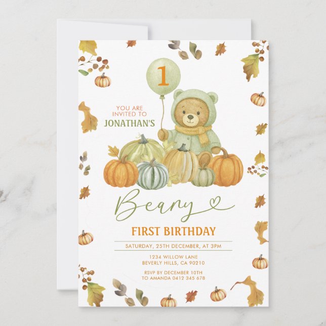 Convite Beary First Birday Pumpkin Green Autumn Leaves (Frente)