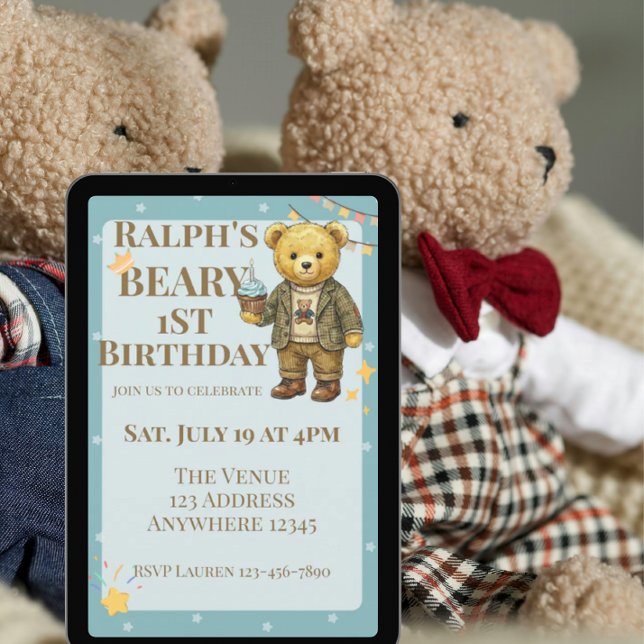 Convite Beary First Birthday Blue Brown Dapper Bear (Criador carregado)