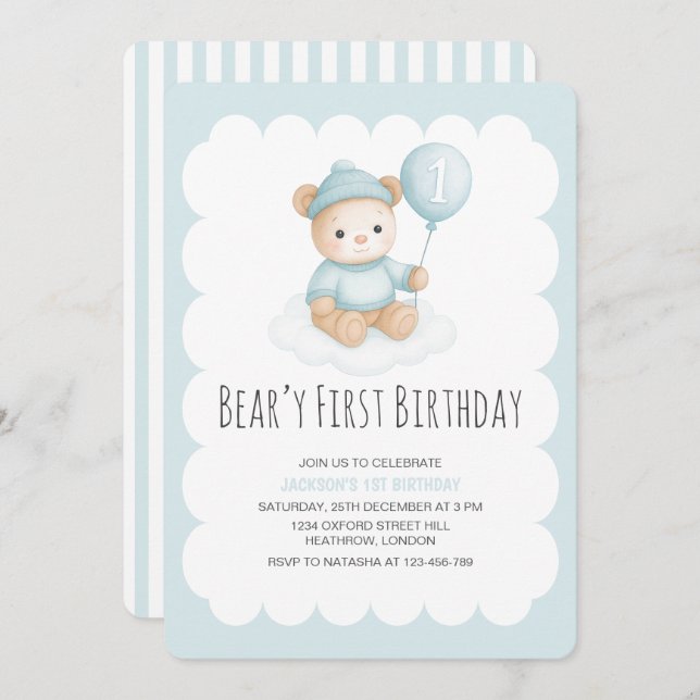 Convite Beary First Birthday Blue Teddy Bear (Frente/Verso)