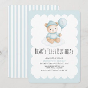 Convite Beary First Birthday Blue Teddy Bear