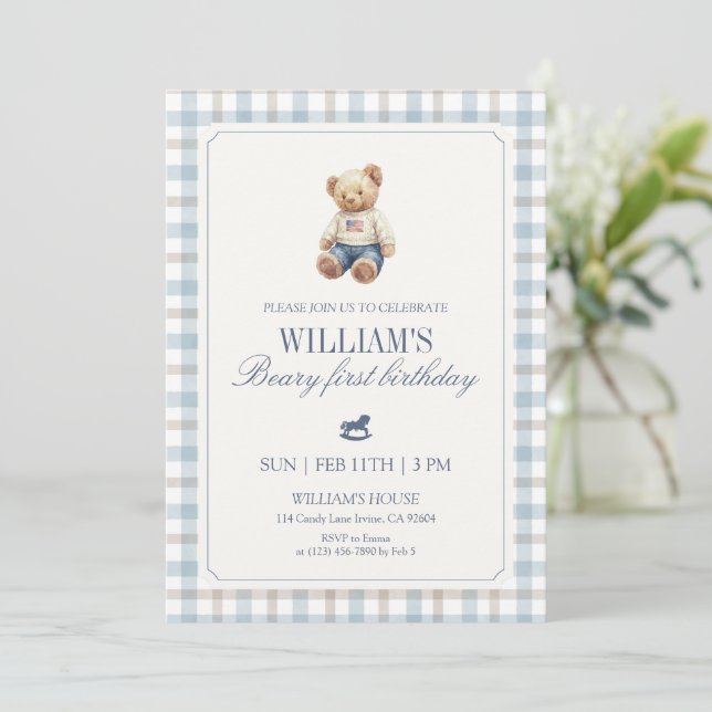 Convite Beary First Birthday Boy Teddy Bear Gingham (Em pé/Frente)