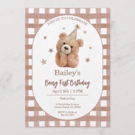 Convite Beary First Birthday Gingham