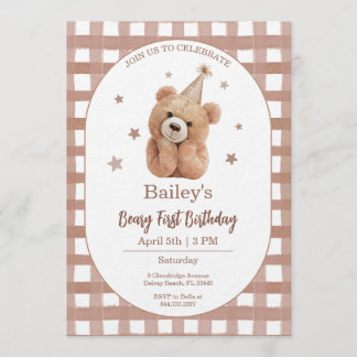 Convite Beary First Birthday Gingham