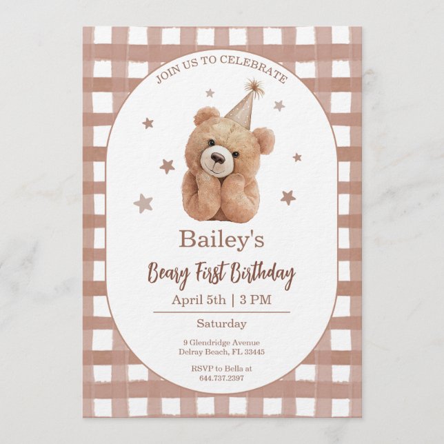 Convite Beary First Birthday Gingham (Frente)