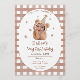 Convite Beary First Birthday Gingham Photo Invitation