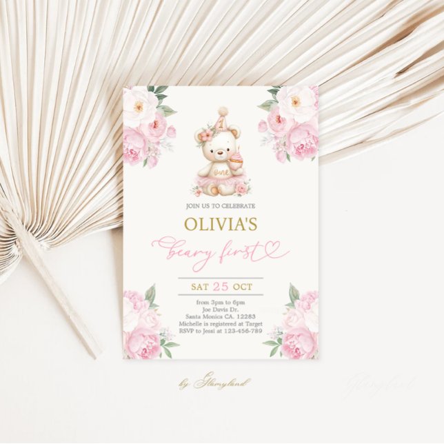Convite Beary First Birthday Girl (Criador carregado)