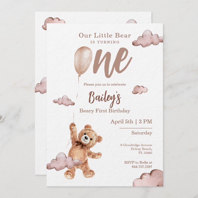 Convite Beary First Birthday Invitation (Frente/Verso)