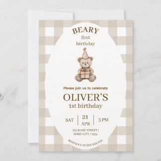 Convite Beary First Birthday Invitation Gingham Editable