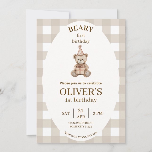 Convite Beary First Birthday Invitation Gingham Editable (Frente)