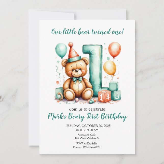 Convite Beary First Birthday Invite, Cute Bear 1st invite (Frente)