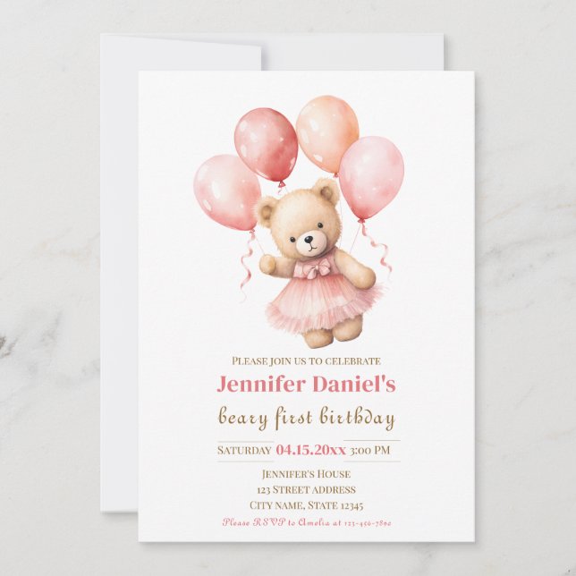 Convite Beary First Birthday Invite with Pink Balloons (Frente)