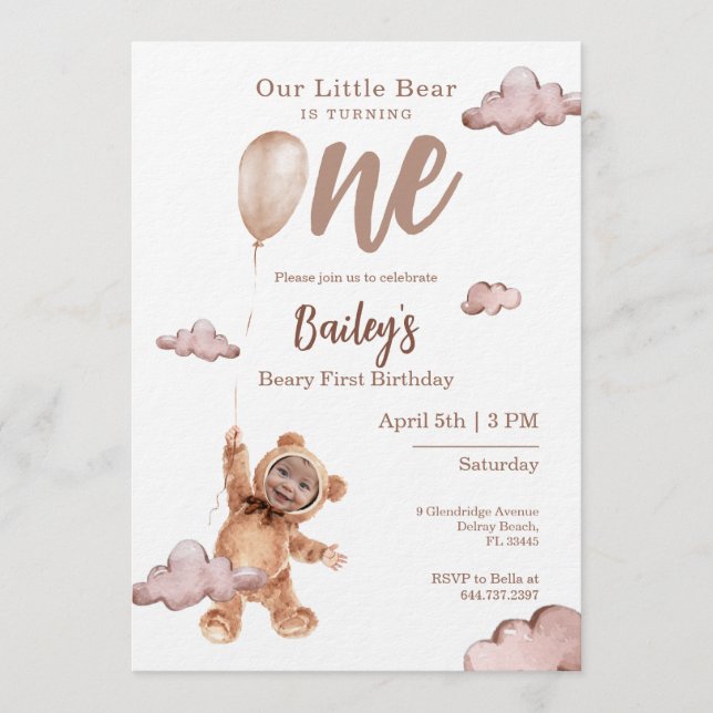 Convite Beary First Birthday Photo Invitation (Frente)
