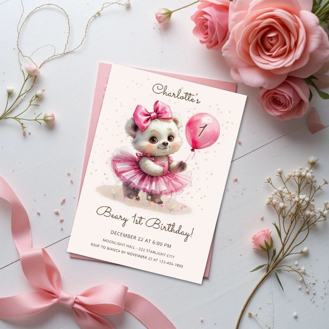 Convite Beary First Birthday Pink Ballerina Bear (Criador carregado)