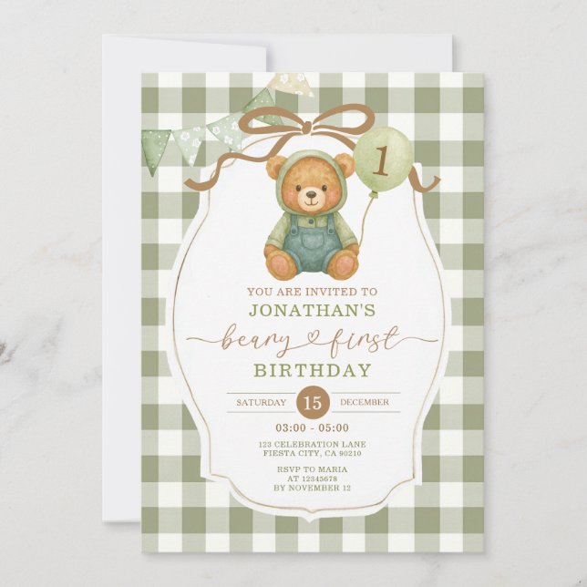 Convite Beary First Birthday Pumpkin Sage Green Gingham (Frente)