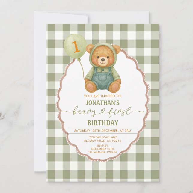 Convite Beary First Birthday Pumpkin Sage Green Gingham (Frente)