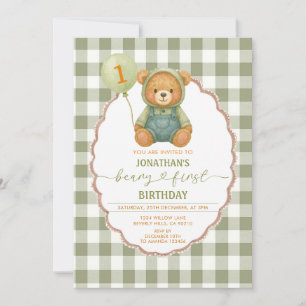 Convite Beary First Birthday Pumpkin Sage Green Gingham