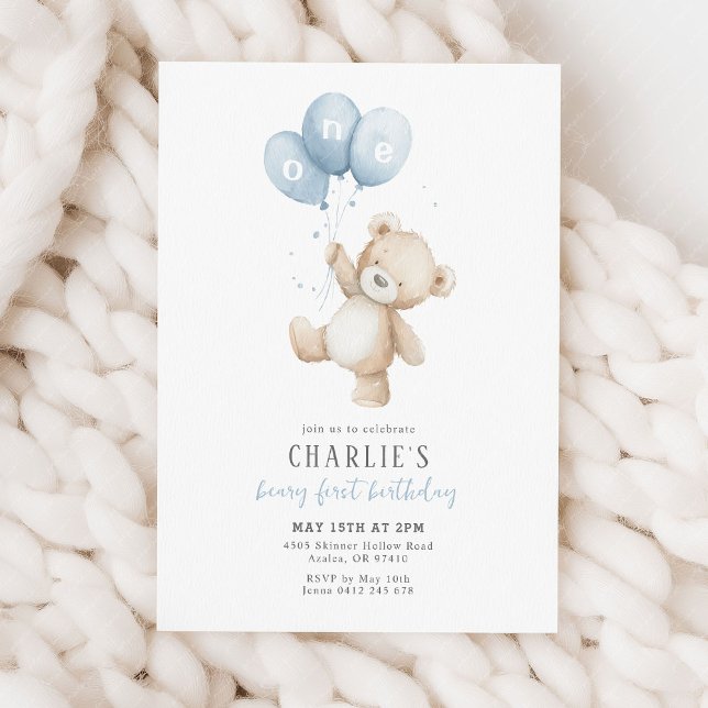 Convite Beary First Blue Balloon Boy 1st Birthday Teddy (Beary 1st Birthday Invitation | Boy's blue balloon teddy bear invitation)