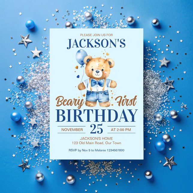 Convite Beary First boys aniversariante ursinho azul-balão (Beary first boys birthday cute teddy bear blue balloon party invitation template instant download)