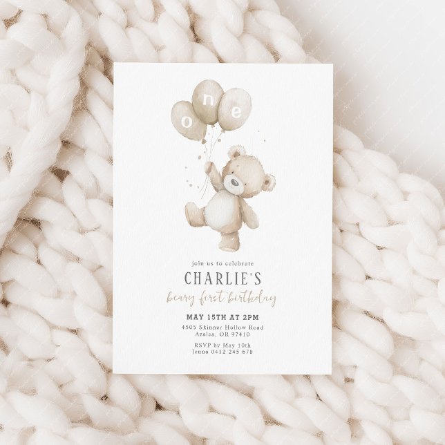Convite Beary First Neutral Balloon Boy 1st Birthday Teddy (Beary first birthday! Beige balloon and teddy bear 1st birthday party invitation)